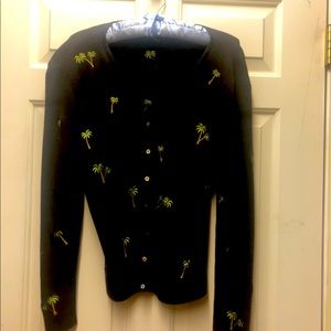 Black M cardigan with green embroidered palm trees
